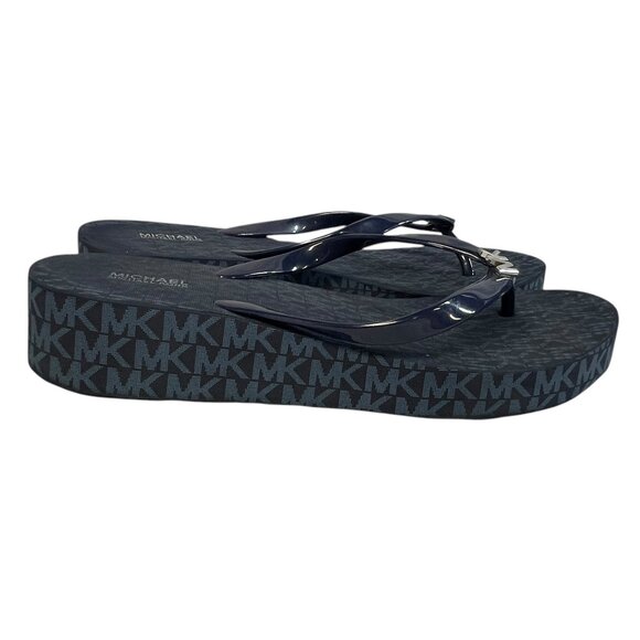 MICHAEL KORS MK Signature Bedford Blue Wedges Thongs Flip-Flops Sandals Size 11 - Picture 3 of 12